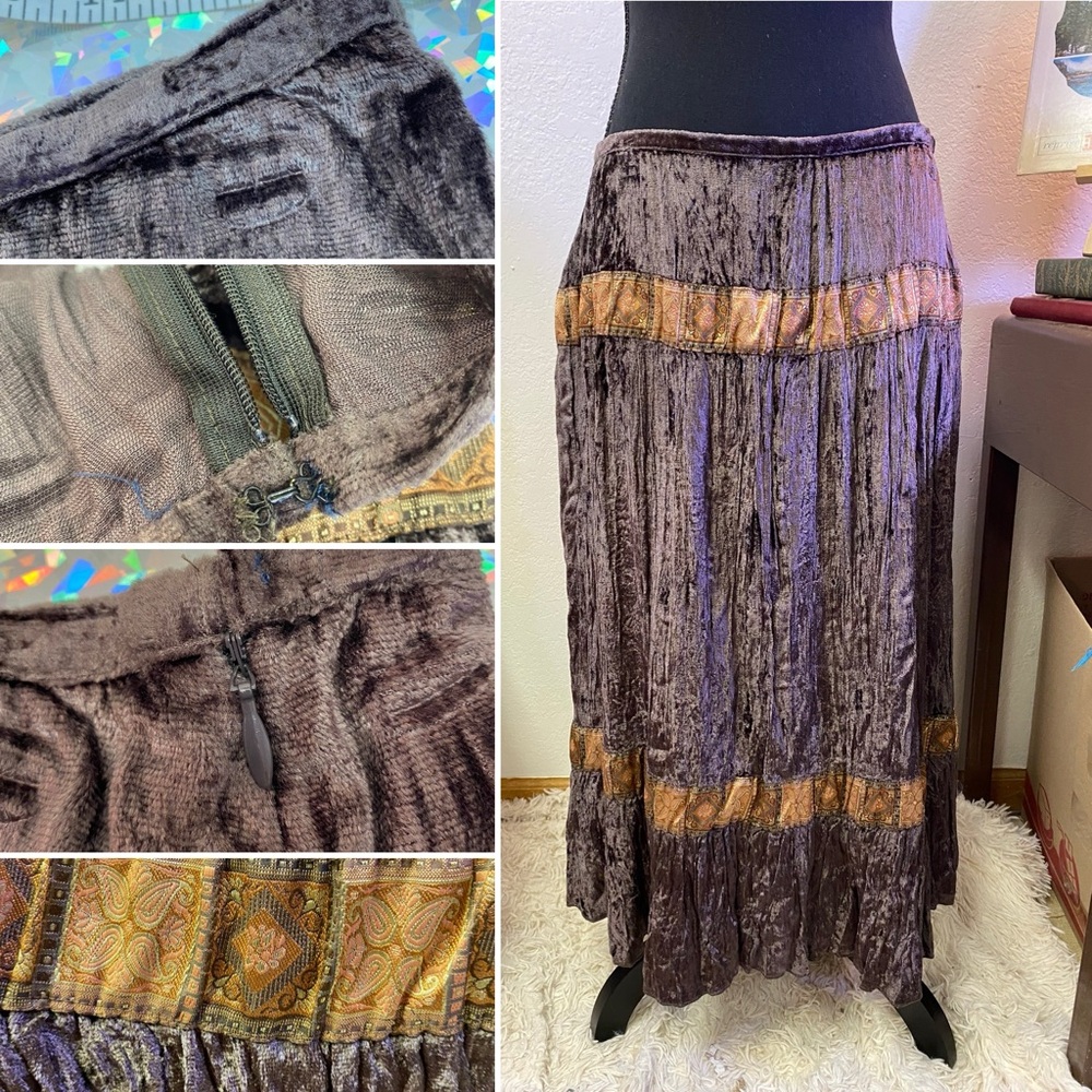 Curated Outfit Brown Boho Chic Western Midi Crinkle Velour Skirt 10P Vest + Top - Picture 15 of 16